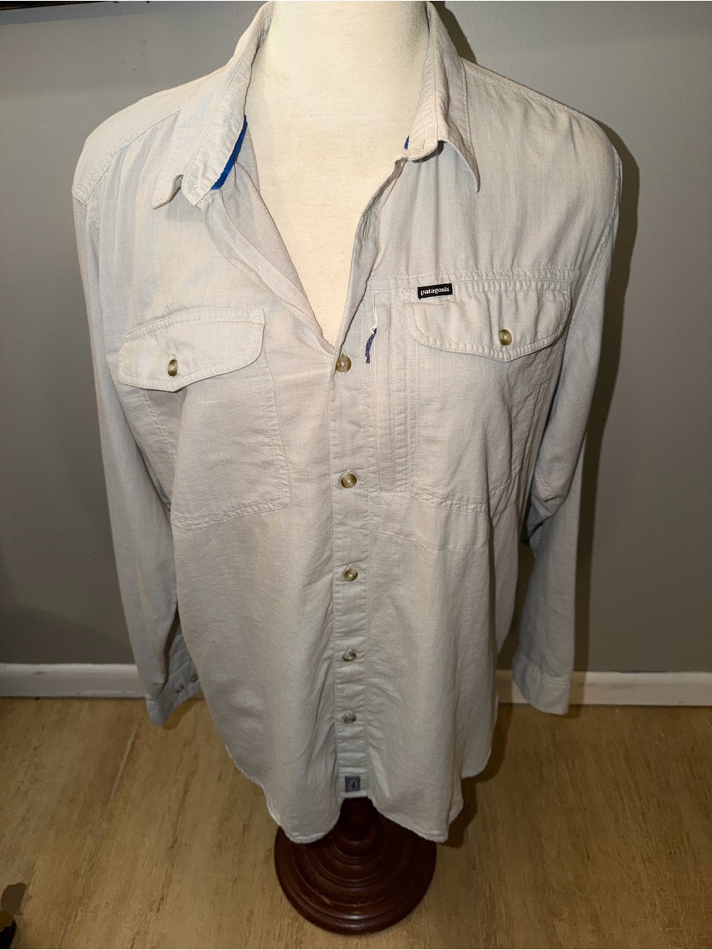 Patagonia Light Gray Casual Button-Down Shirt with Blue Trim